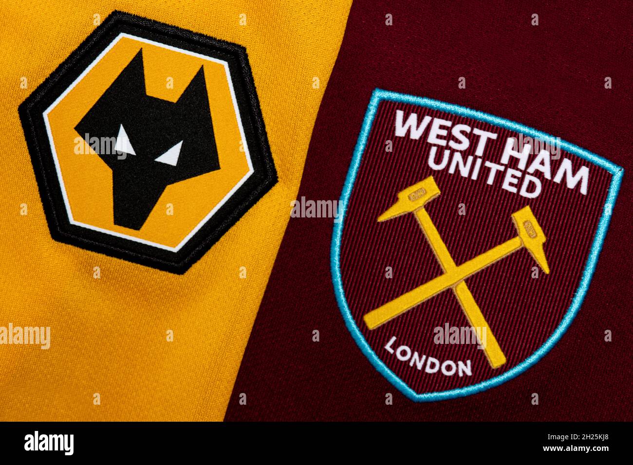 Gros plan sur l'écusson du club Wolves & West Ham United. Banque D'Images