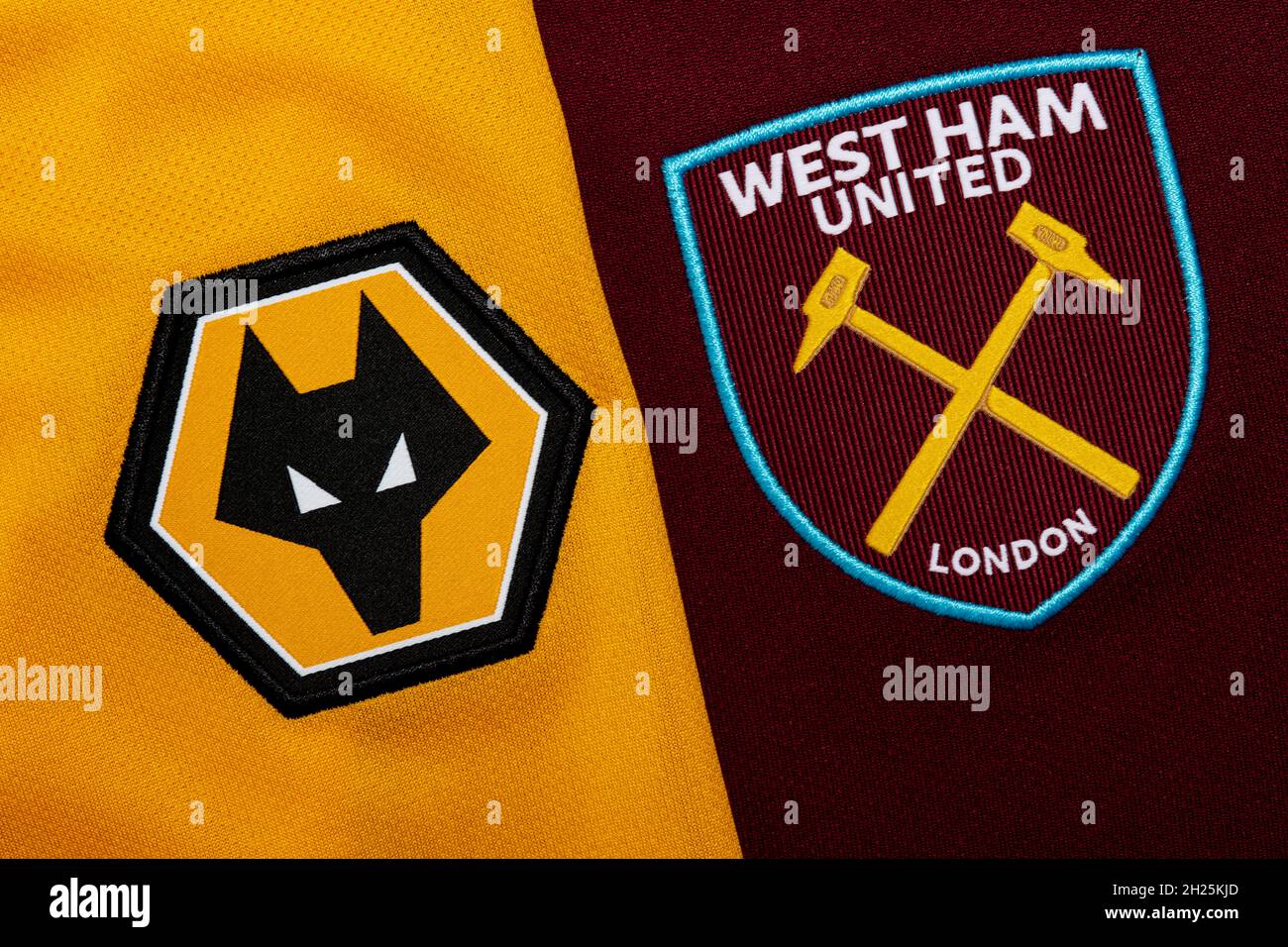 Gros plan sur l'écusson du club Wolves & West Ham United. Banque D'Images