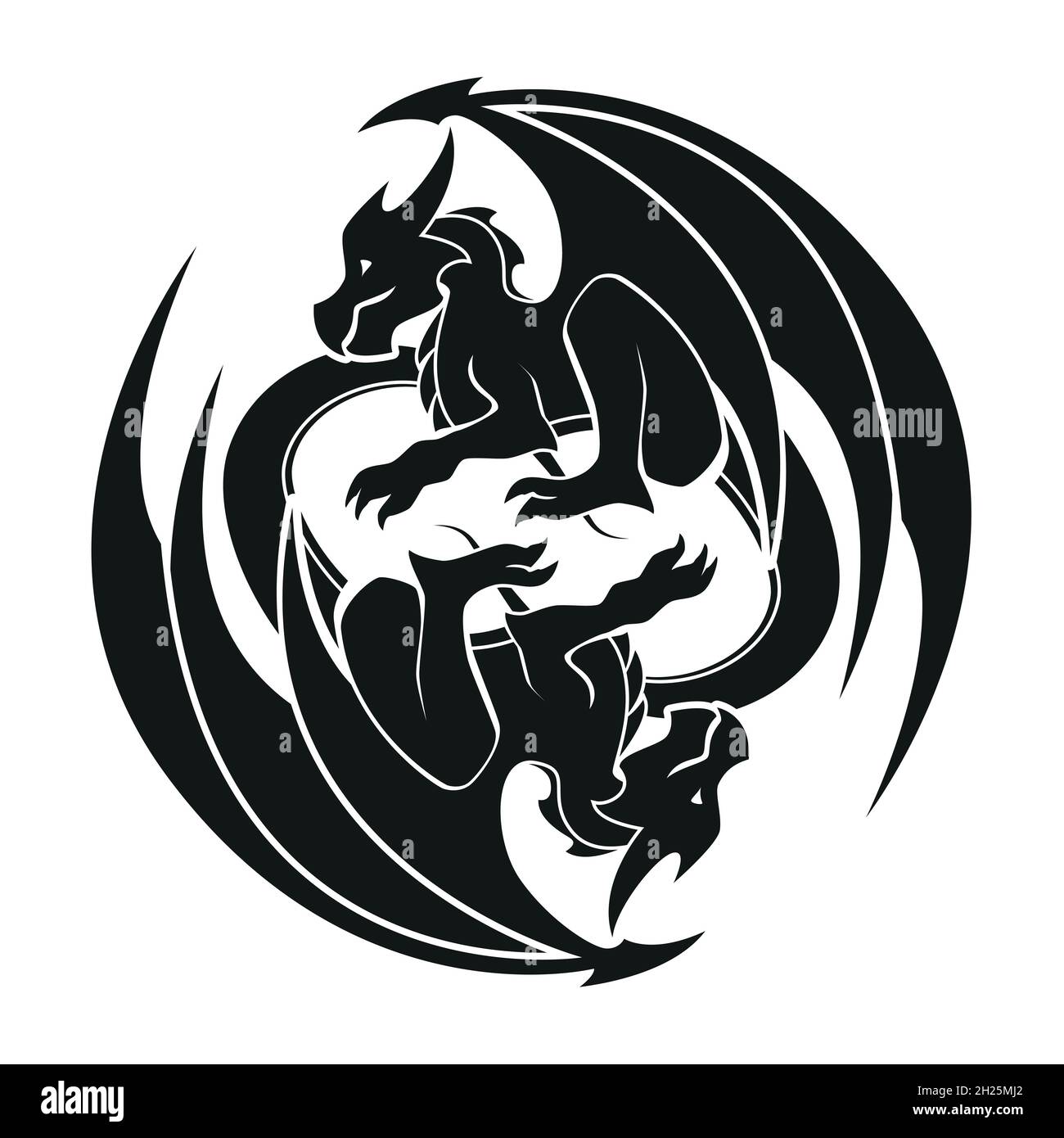 Dragons entreminés dans un cercle - symbole Dragon, vecteur d'illustration noir et blanc Illustration de Vecteur