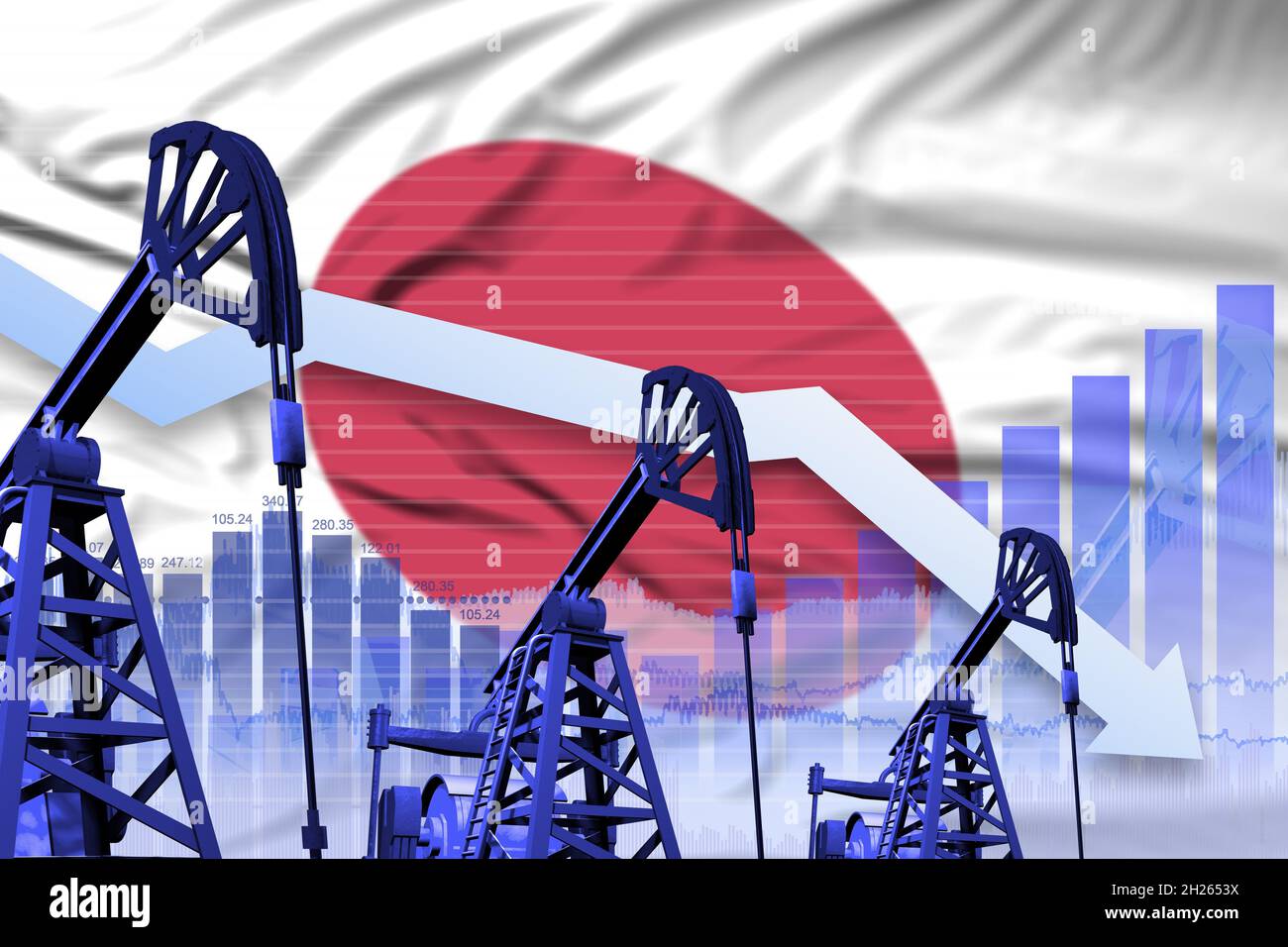 Concept de l'industrie pétrolière japonaise, illustration industrielle - diagramme descendant sur fond de drapeau japonais.Illustration 3D Banque D'Images
