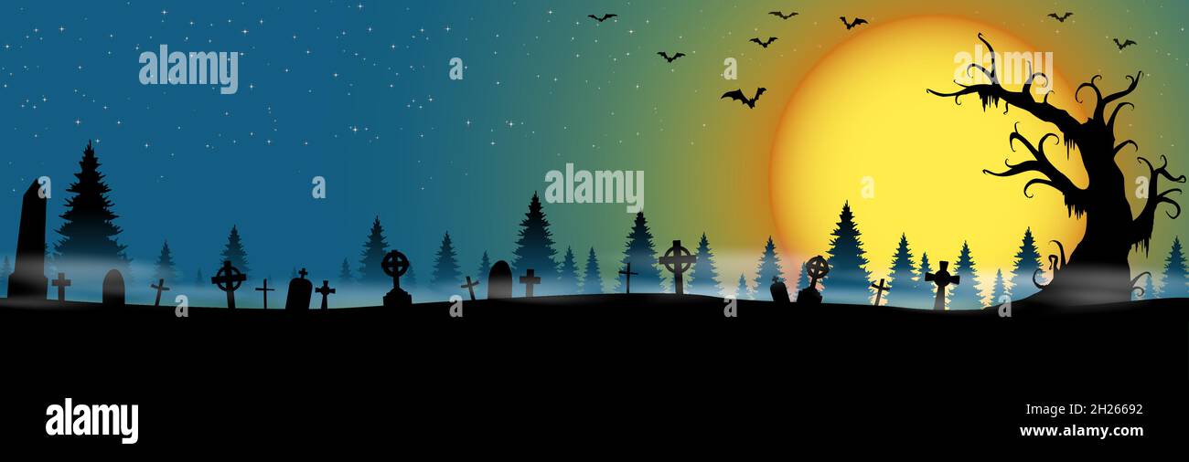 eps cimetière vectoriel en face des terres boisées avec pleine lune Avec des éléments illustrés effrayants pour les mises en page d'arrière-plan d'Halloween Illustration de Vecteur