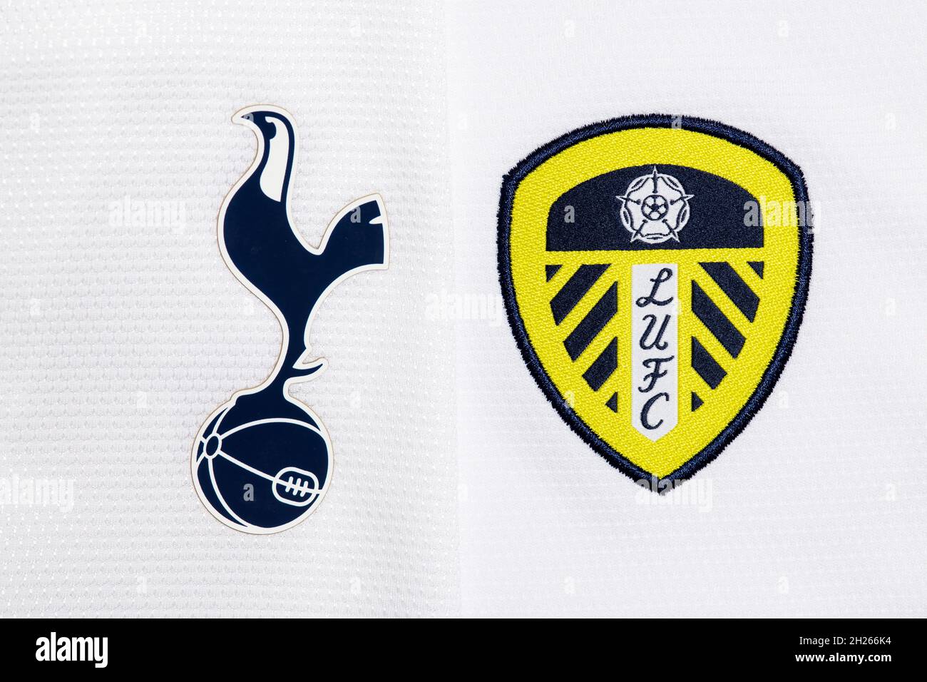 Gros plan sur l'écusson du club Spurs & Leeds United. Banque D'Images