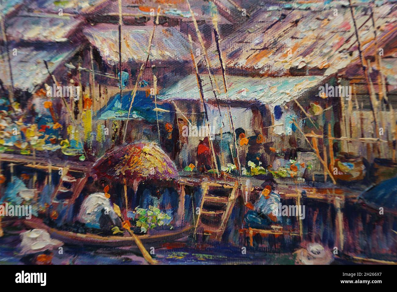 Peinture d'art couleur de l'huile marché flottant terres thaïlandaises , campagne Banque D'Images