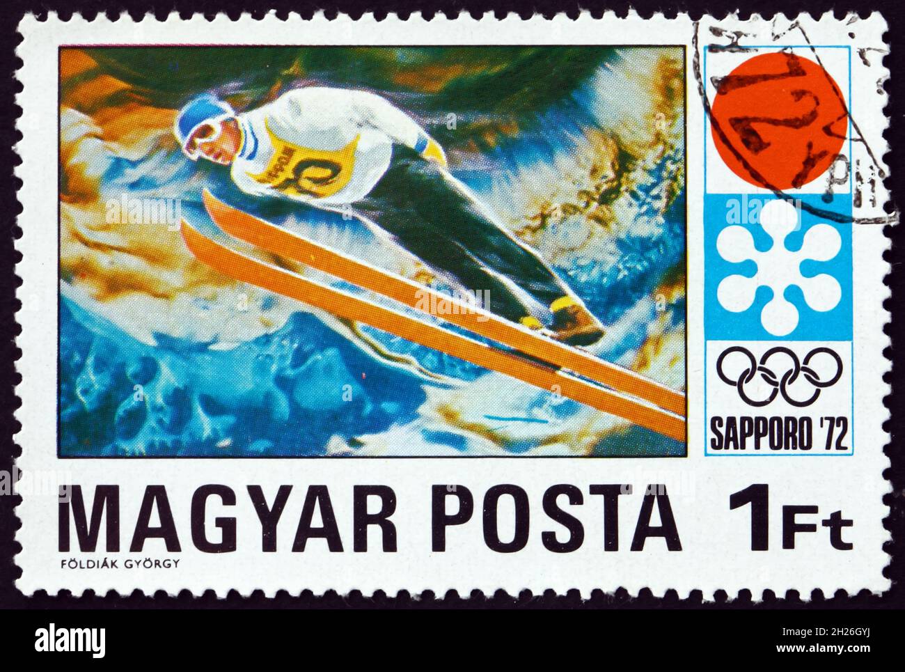 HONGRIE - VERS 1971: Un timbre imprimé en Hongrie montre saut à ski, 11e Jeux Olympiques d'hiver, Sapporo, vers 1971 Banque D'Images