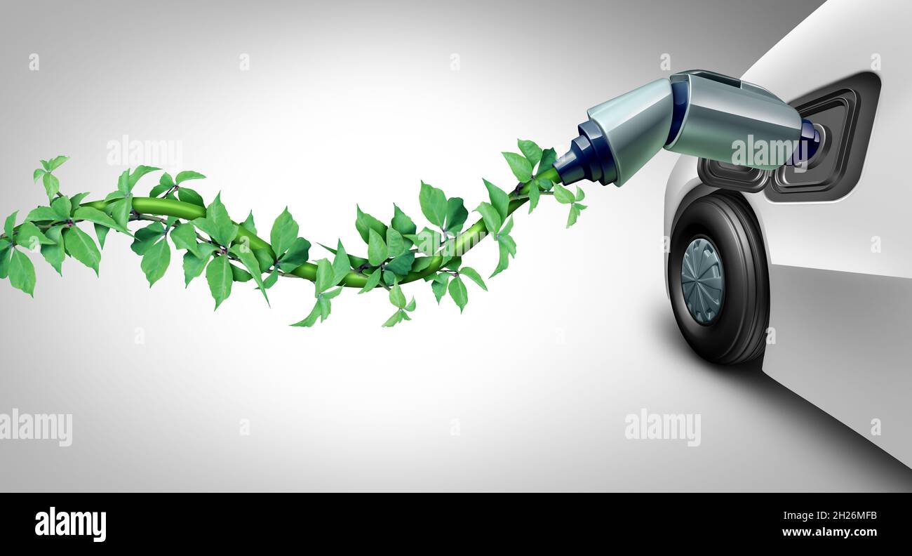 Branchement voiture verte et technologie de batterie de véhicule électrique à énergie propre EV ou concept de station de charge comme un symbole avec un fil électrique en forme de fil. Banque D'Images