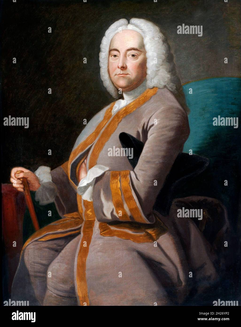 George Frideric (ou Frederick) Handel (1685-1759), portrait d'après Thomas Hudson, huile sur toile, après 1756.Handel était un compositeur allemand, plus tard britannique, baroque qui a passé la majeure partie de sa carrière à Londres, devenant bien connu pour ses opéras, oratorios, anthems, et concertos d'orgue et dont l'œuvre la plus célèbre est le Messie. Banque D'Images
