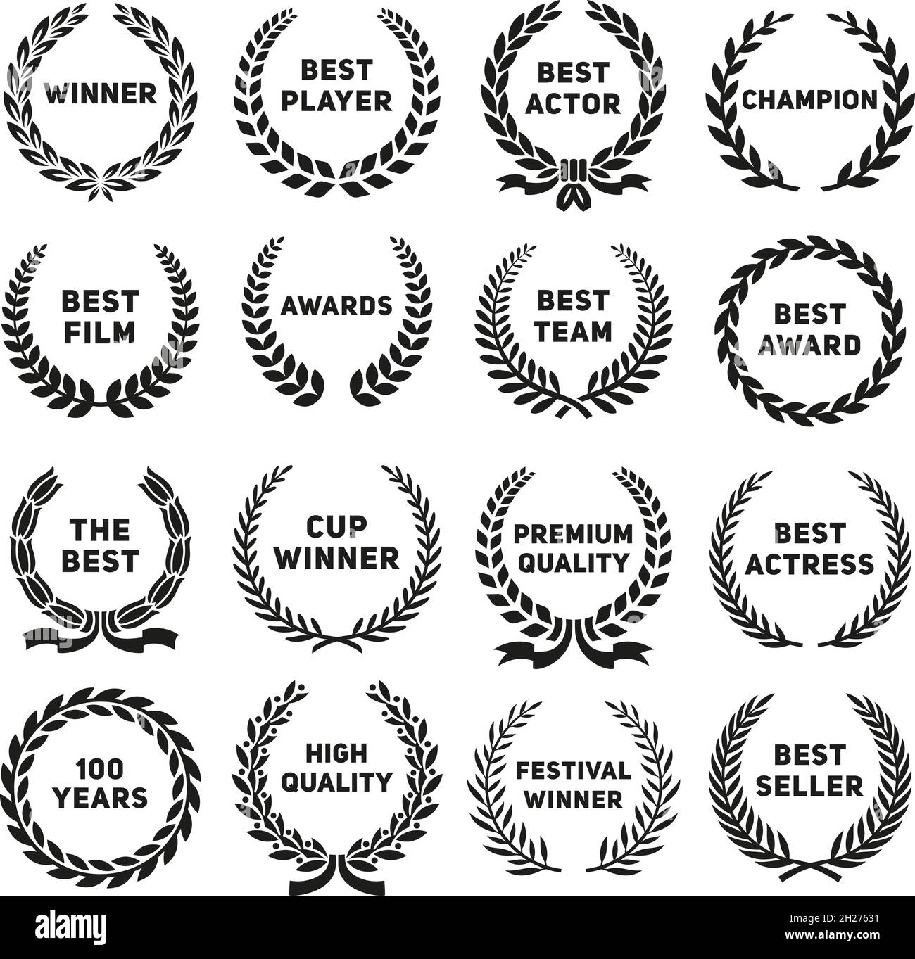 Couronnes de récompense.Première cinéma, victoire publique dans la nomination de film.Laurel branches couronne, affaires, sport, divertissement ranger des logos vectoriels Illustration de Vecteur