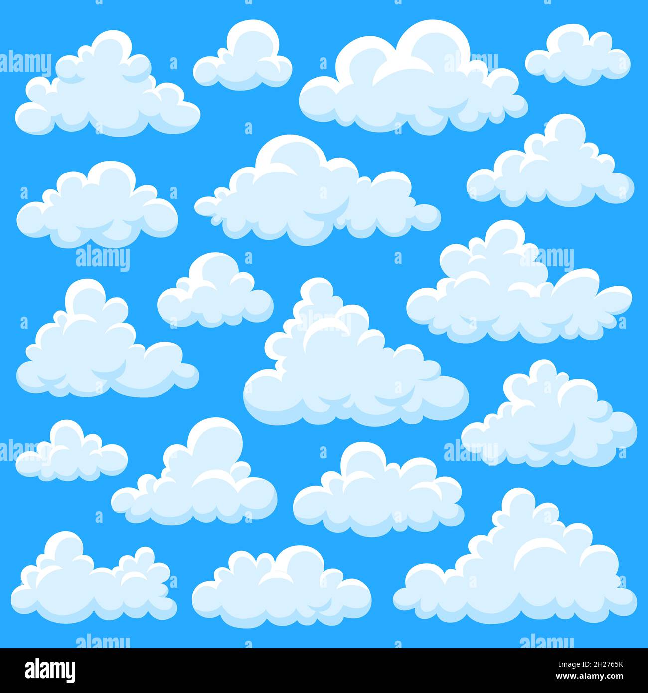 Nuages de dessins animés blancs.Des nuages moelleux et des éléments surmoulés survolent sur le ciel bleu.Formes de fumée, ciel d'été ou le temps de jeu garish des objets vectoriels Illustration de Vecteur
