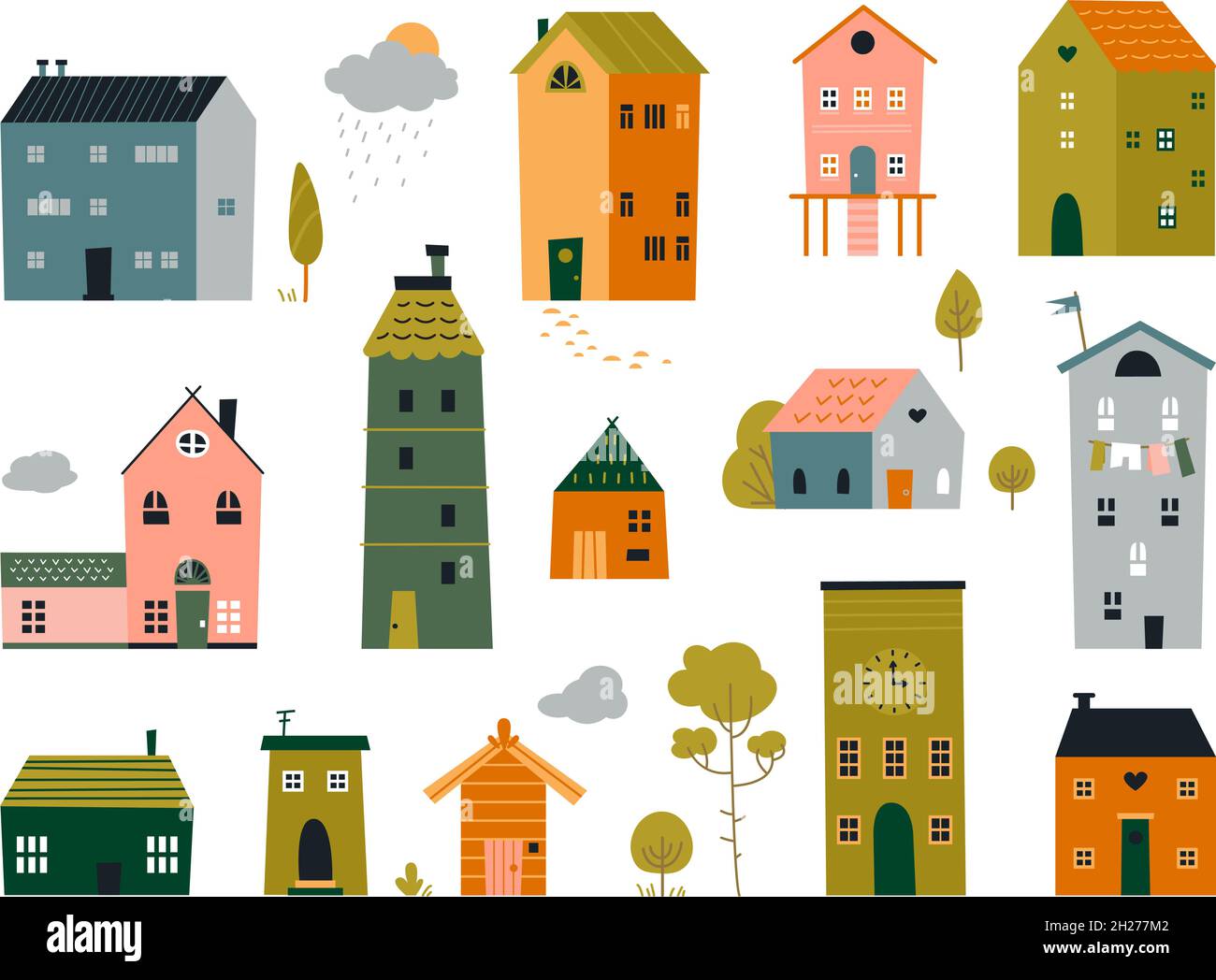 De jolies petites maisons.Maison en brique devant, bâtiments à ciel plat.Doodle petite maison, tendance paysage de rue scandinave ensemble d'objets vectoriels de classe Illustration de Vecteur