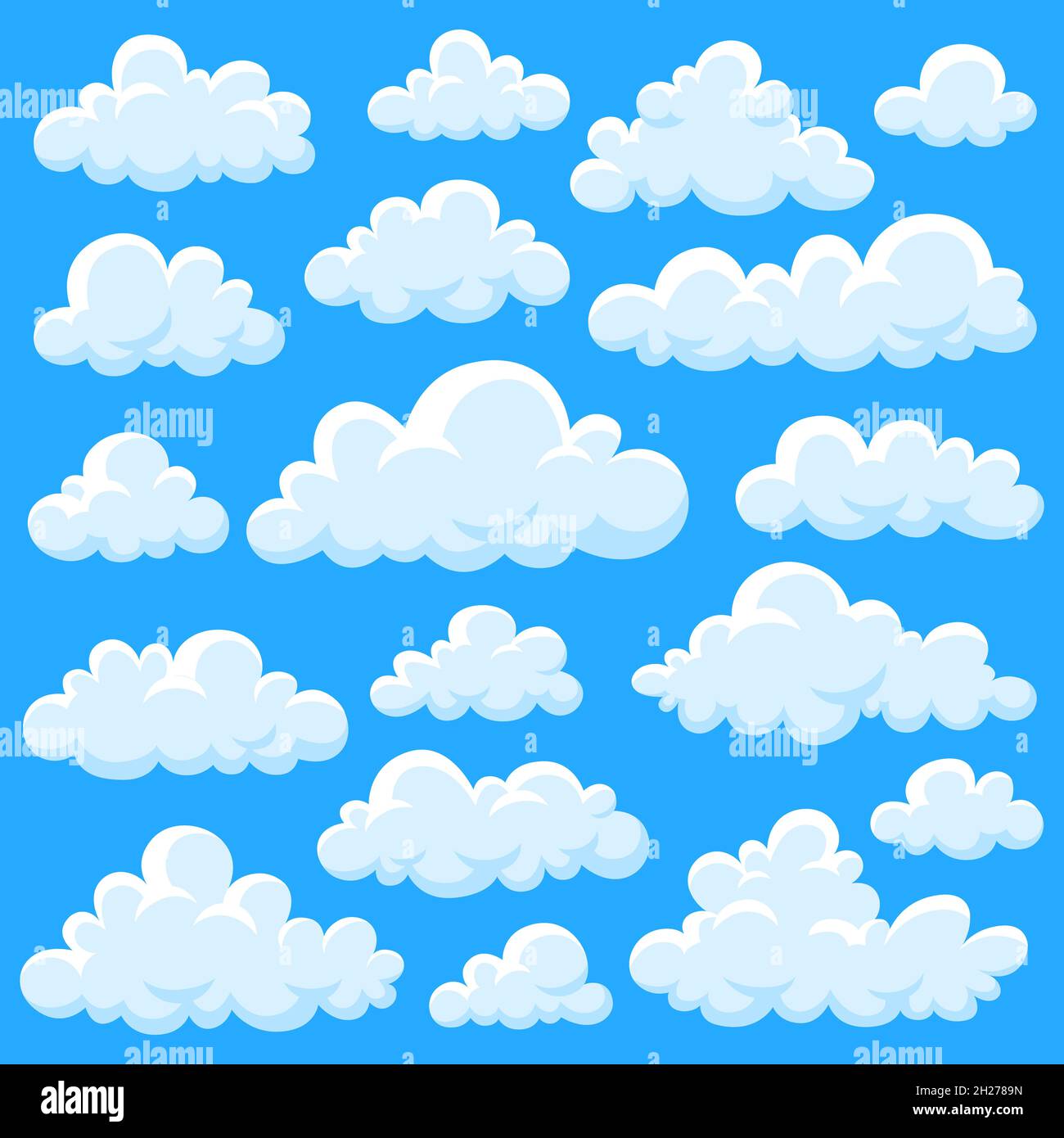 Nuages de dessins animés isolés.Nuages blancs moelleux, éléments graphiques du ciel.Prévisions, formes de fumée de bande dessinée.Ensemble de vecteurs de guirlande aérienne de printemps Illustration de Vecteur