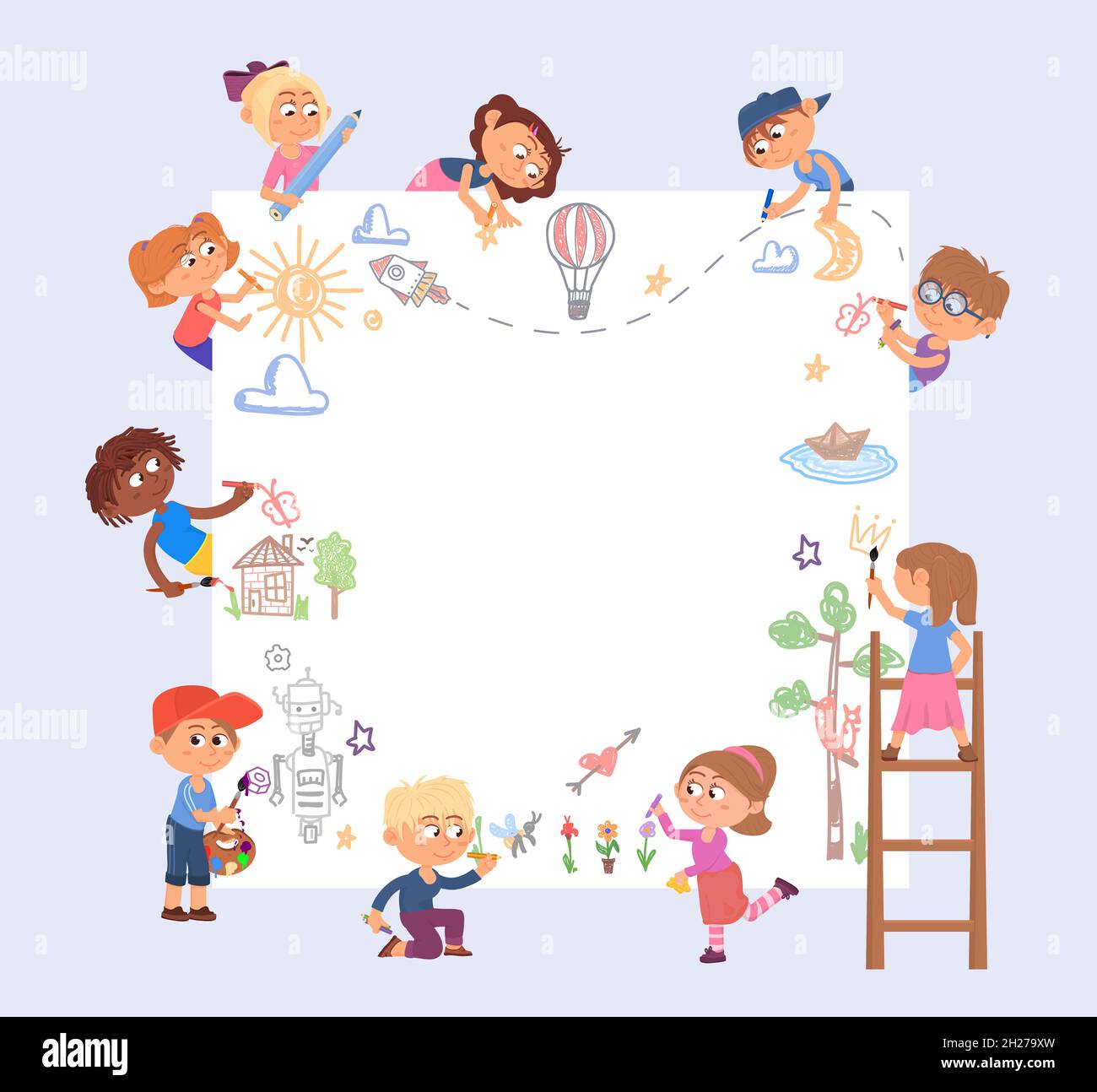 Bannière enfants.Dessin enfants, fille peinture mur.Dessin animé enfant dessiner une image, créatif enfant d'âge préscolaire ensemble.Affiche vierge décente vecteur Illustration de Vecteur