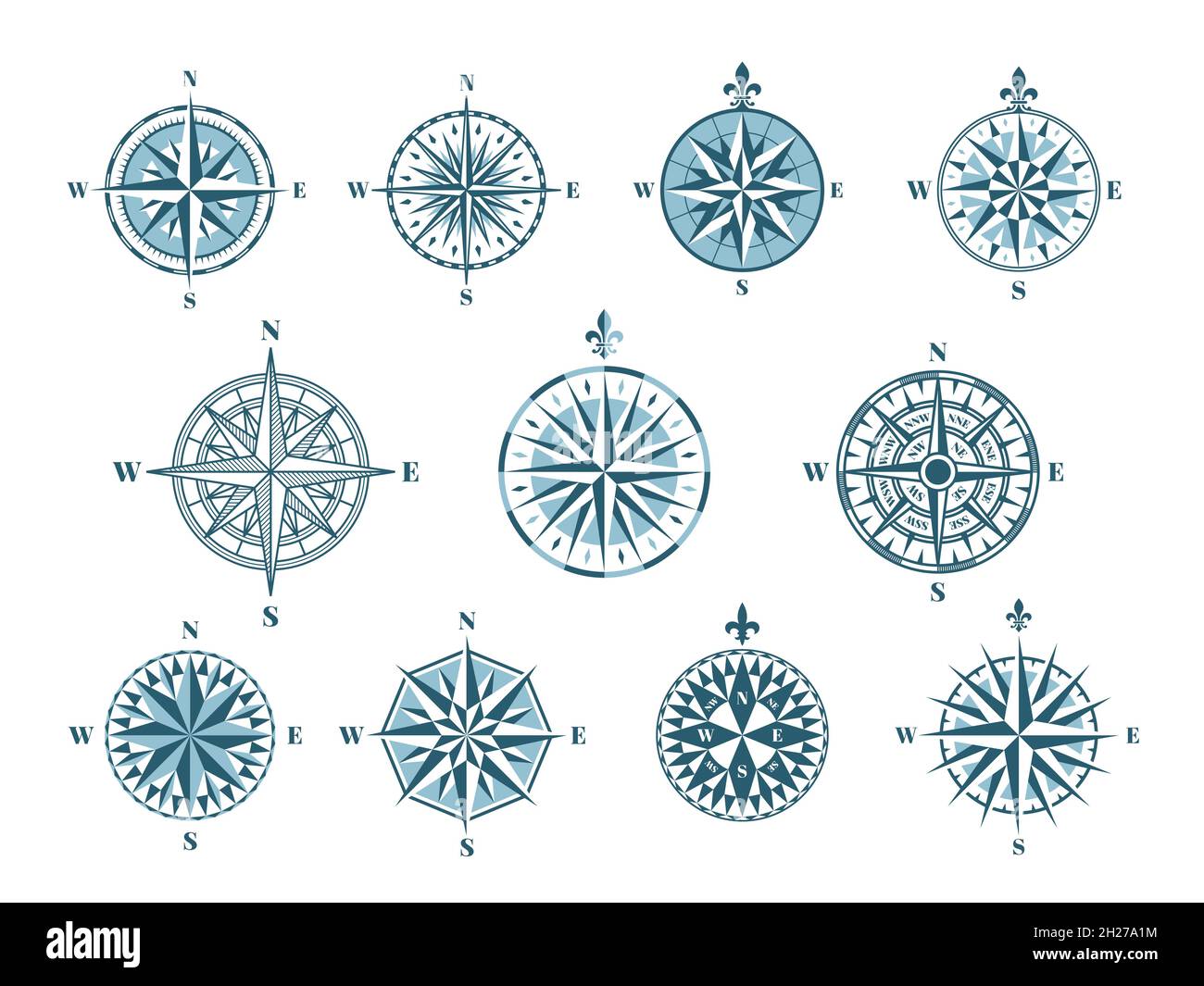 Icônes de compas à rosier.Éléments cartographiques, navigation vintage.Signes marins, pointeur nautique est nord.Jeu de vecteurs de détection de flèche ordonnée Illustration de Vecteur