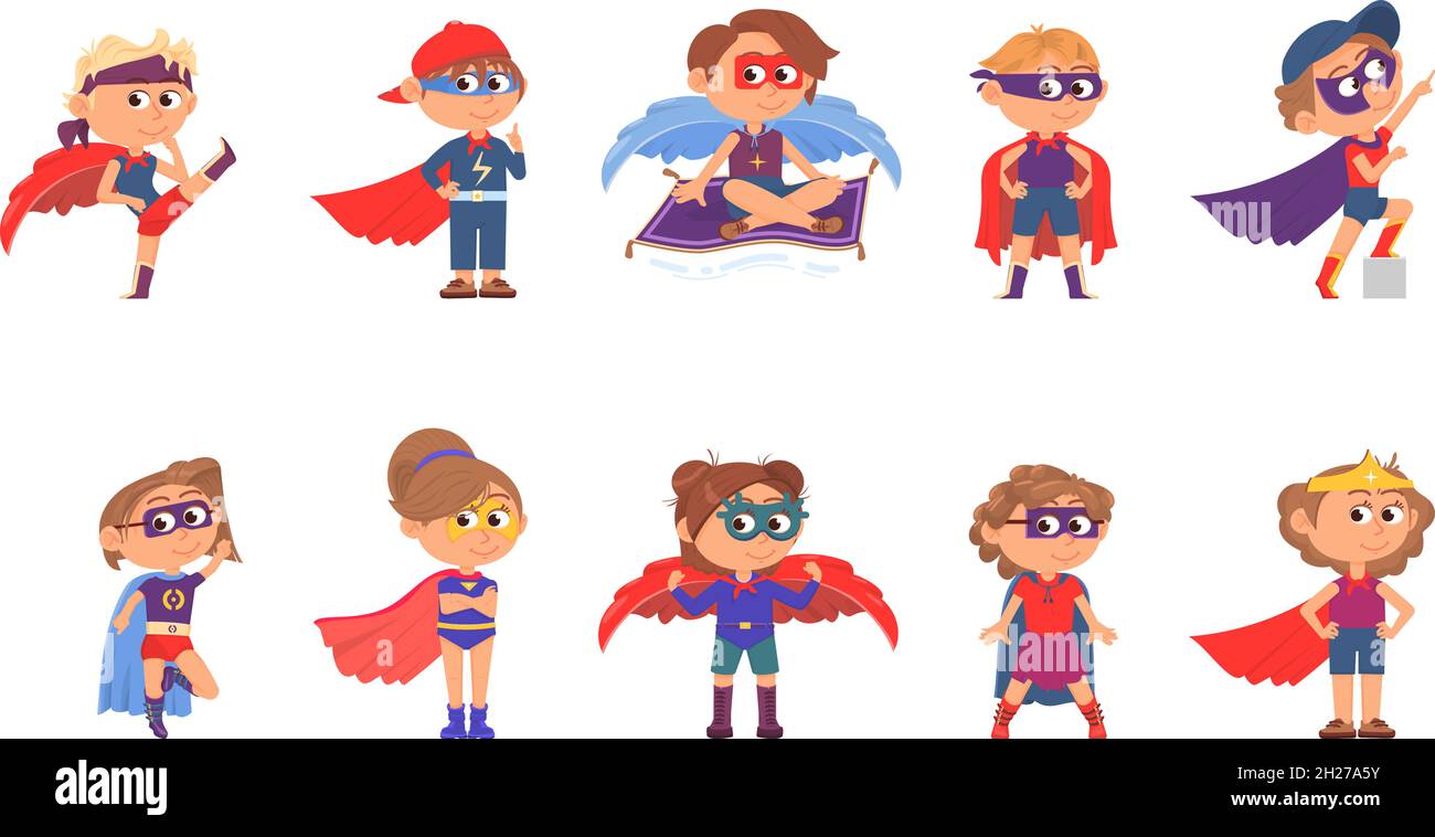 Super héros pour enfants.Imagination de dessin animé, super-héros enfant.Enfants adorables en costume avec capes rouges.Groupe de héros isolés, costume d'enfant décent vecteur Illustration de Vecteur