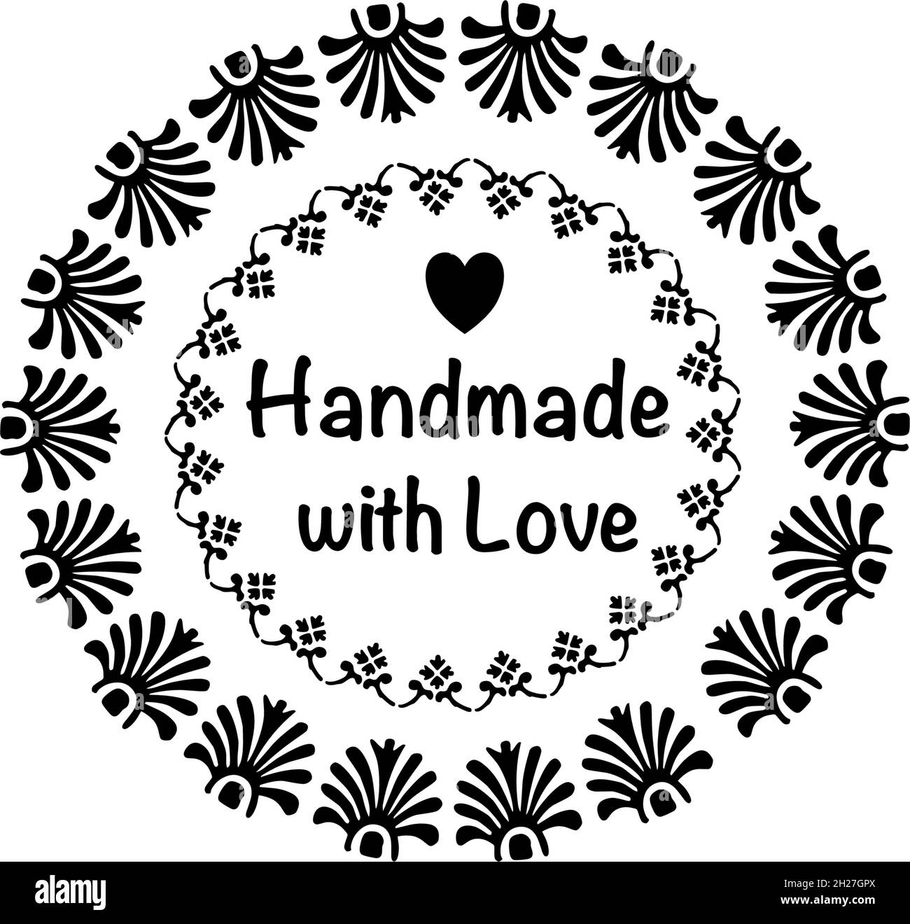 Fait main avec amour, lettrage avec motif.Inscription vectorielle en noir sur blanc.Mots pour les articles fabriqués à la main tels que les étiquettes et les étiquettes. Illustration de Vecteur
