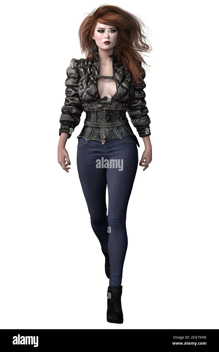 Caucasien Urban Fantasy Woman sur fond blanc isolé, rendu 3D illustration 3D Banque D'Images