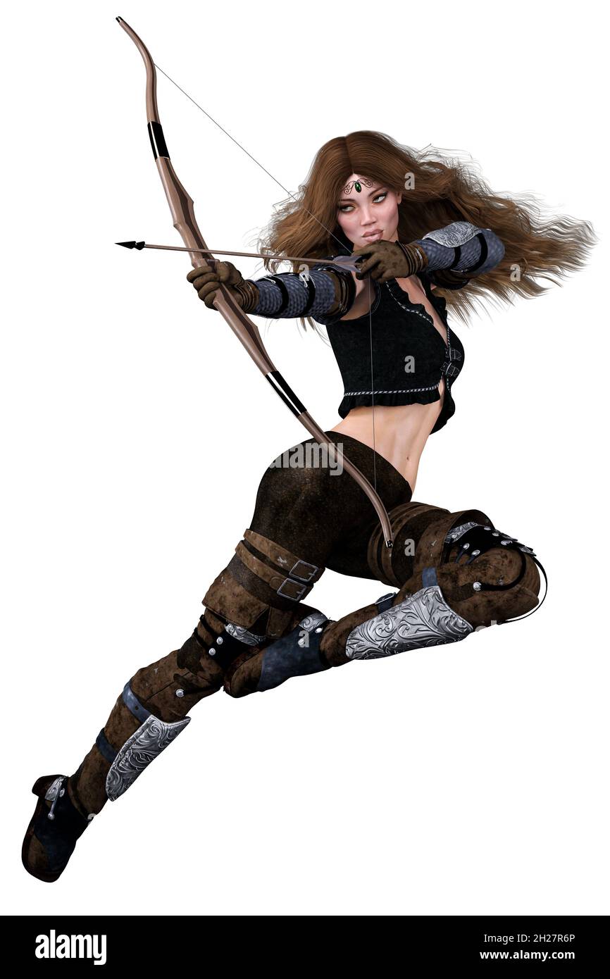 Femme Archer Elf caucasien avec noeud et flèche sur fond blanc isolé, illustration 3D, rendu 3D Banque D'Images