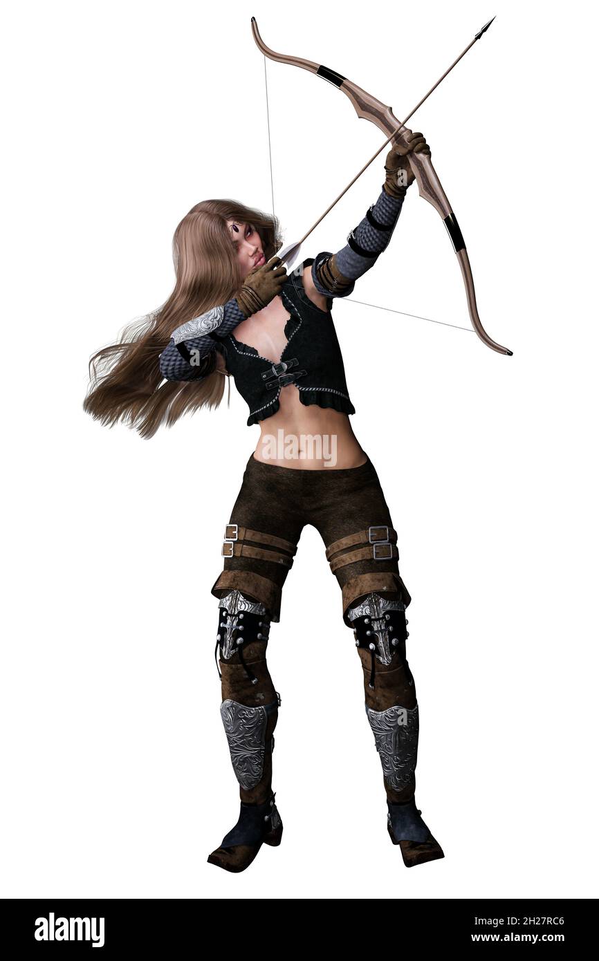 Femme Archer Elf caucasien avec noeud et flèche sur fond blanc isolé, illustration 3D, rendu 3D Banque D'Images
