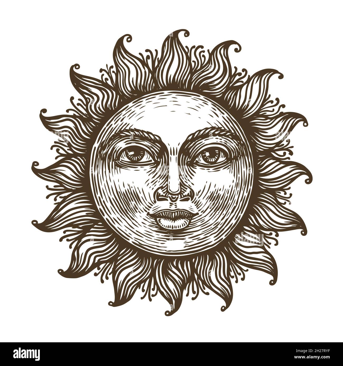 Soleil dessiné à la main avec le visage stylisé comme gravure.Symbole d'astrologie.Imprimer pour, cartes, élément de décoration Illustration de Vecteur