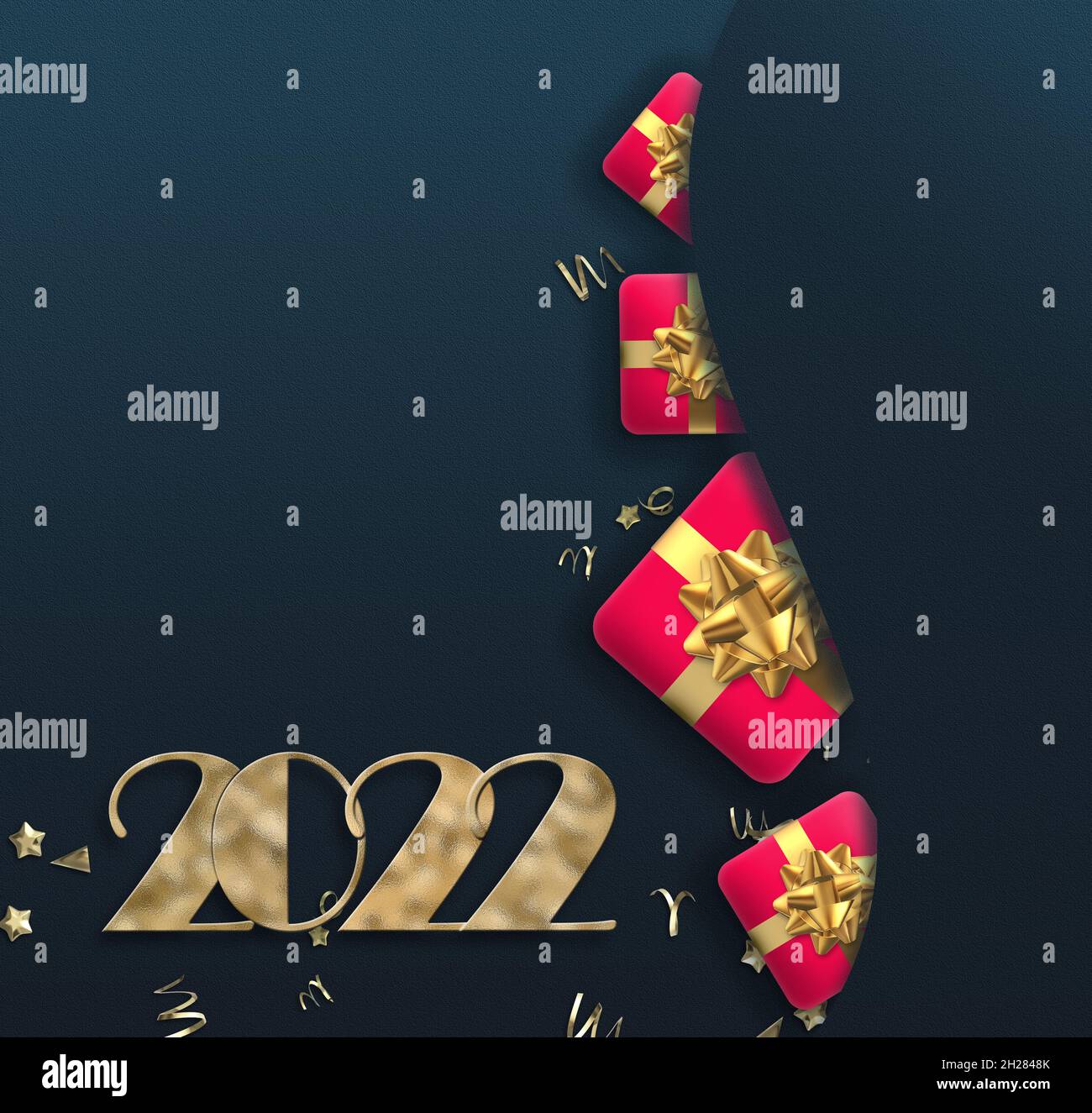 Noël nouvel an 2022 salutation. Rouge 3D boîtes-cadeaux réalistes, chiffre d'or 2022, texte d'or Joyeux Noël bonne année sur bleu. Noir message d'accueil invitation carte postale de Noël, carte. 3D illustration Banque D'Images Noël nouvel an 2022 salutation. Rouge 3D boîtes-cadeaux réalistes, chiffre d'or 2022, texte d'or Joyeux Noël bonne année sur bleu. Noir message d'accueil invitation carte postale de Noël, carte. 3D illustration Banque D'Images