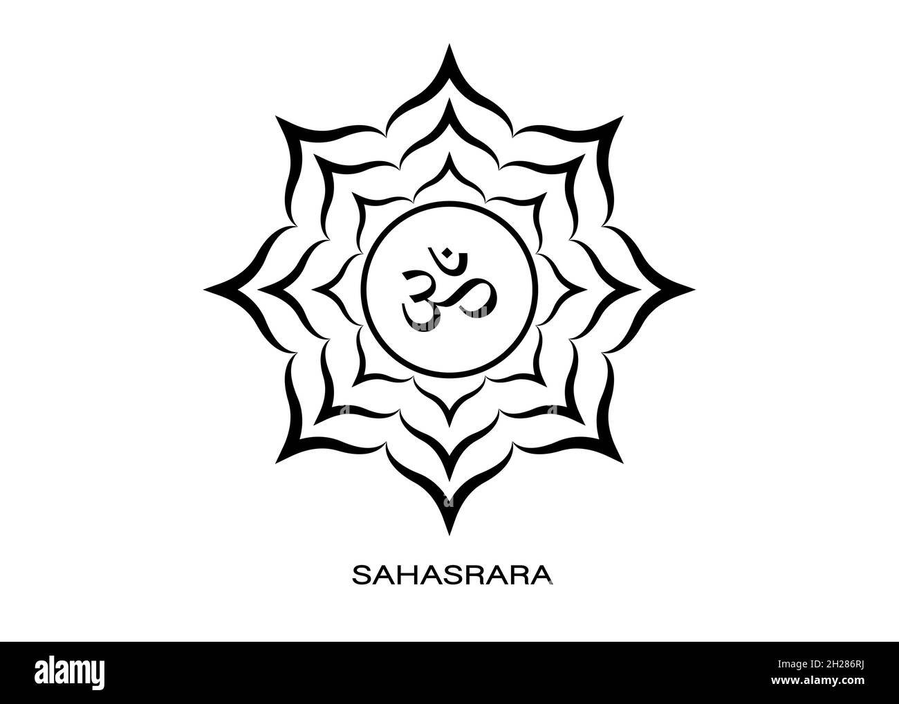 Septième chakra Sahasrara, modèle de logo de symbole Om.Symbole de chakra de la couronne, méditation du signe sacré du lotus, huit pétales, tatouage noir de mandala rond de yoga Illustration de Vecteur