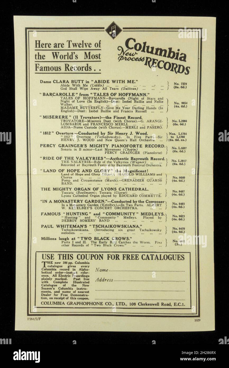Une copie d'une publicité de 1920s pour des disques de Columbia Graphophone Co Ltd Banque D'Images