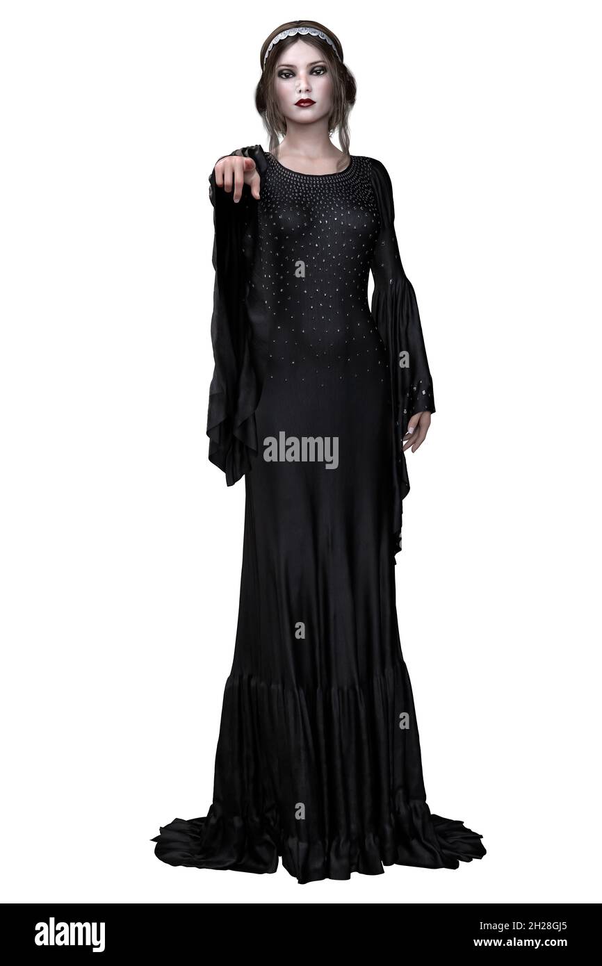 Caucasien Femme sorcière en robe noire, rendu 3D, illustration 3D Banque D'Images