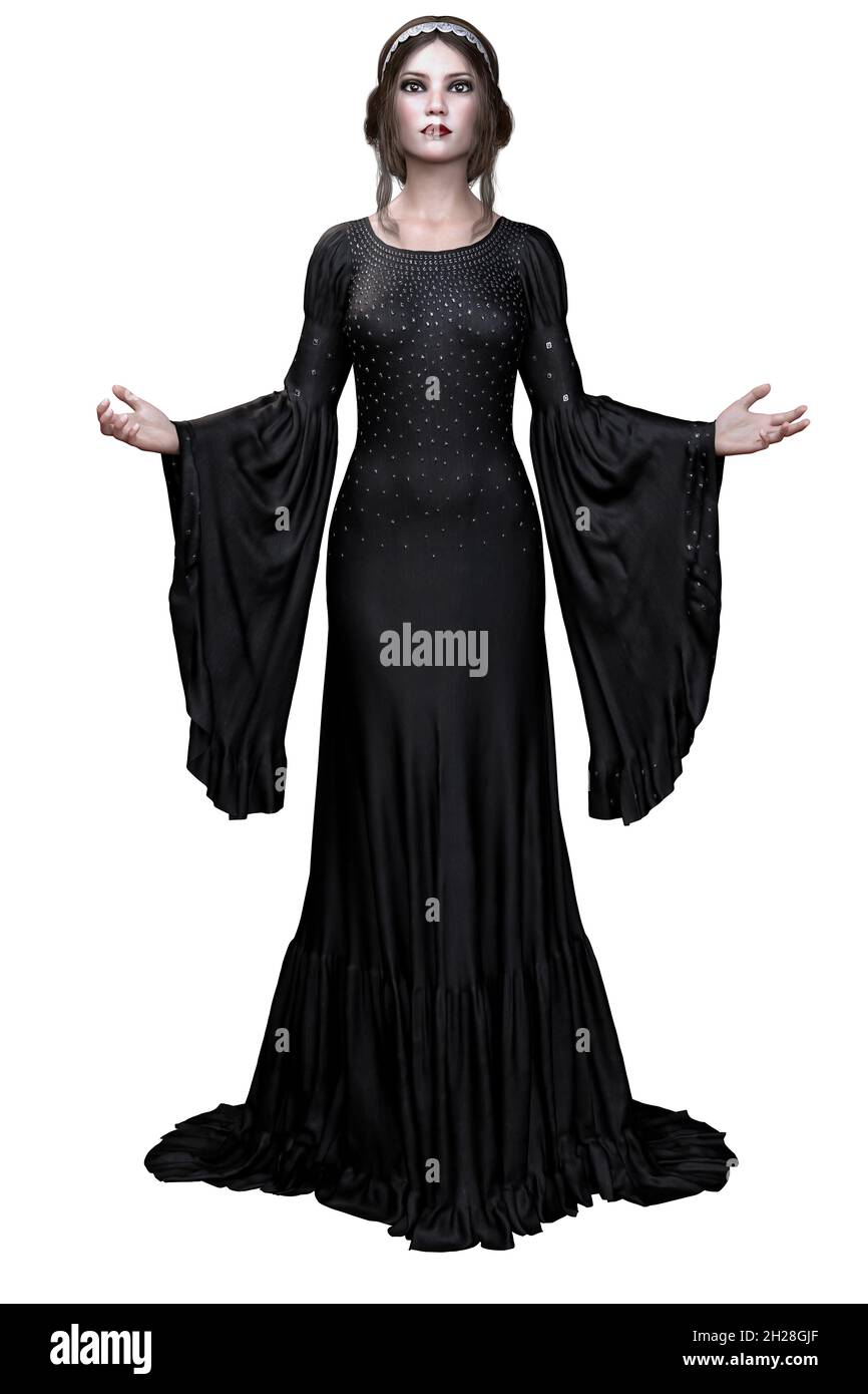 Caucasien Femme sorcière en robe noire, rendu 3D, illustration 3D Banque D'Images