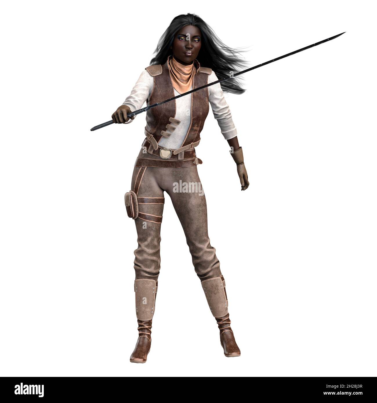 Scifi et Fantasy Adventurer POC Woman sur fond blanc isolé, 3D Illustration, rendu 3D Banque D'Images