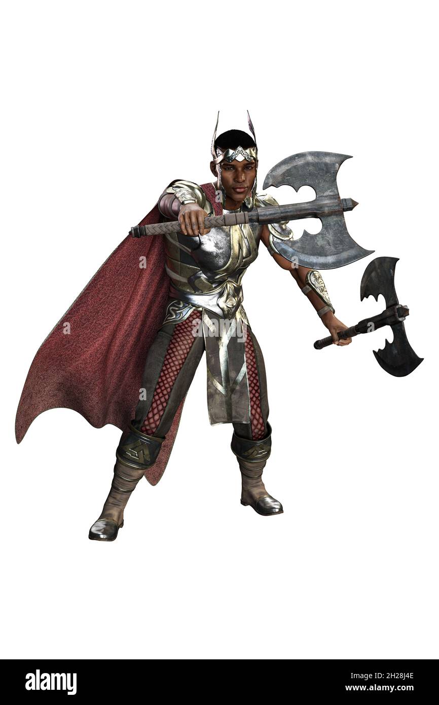 Medieval Fantasy POC Warrior King Man avec épée sur fond blanc isolé, illustration 3D, rendu 3D Banque D'Images