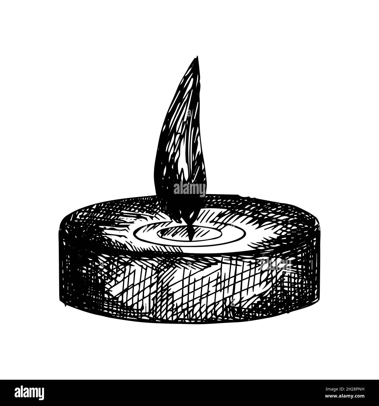 Bougie avec feu.Bougeoir à la main.Encre d'illustration vectorielle sur fond blanc. Illustration de Vecteur