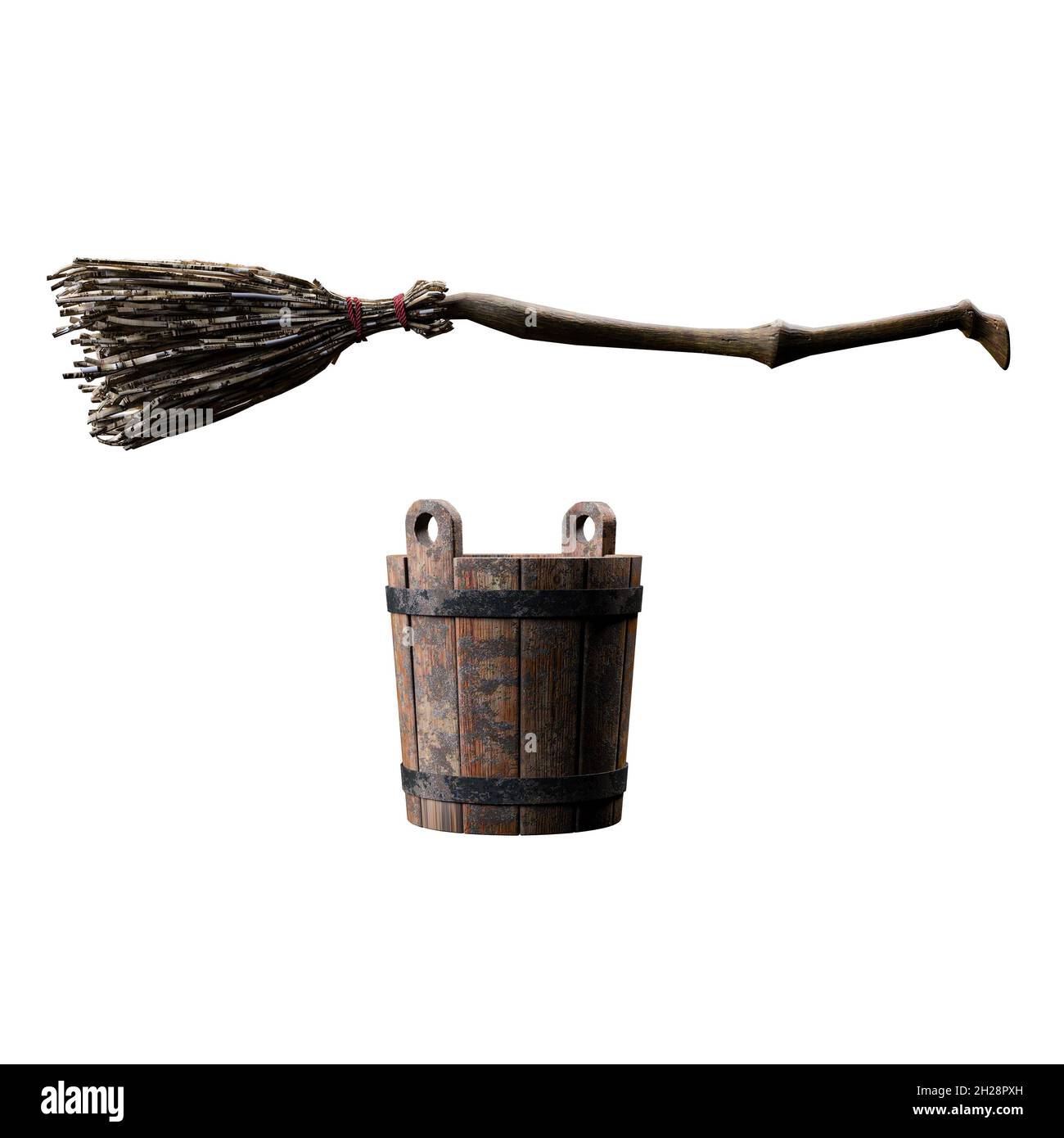 Old Wicked Witch Broom and Bucket, Illustration 3D, rendu 3D Banque D'Images