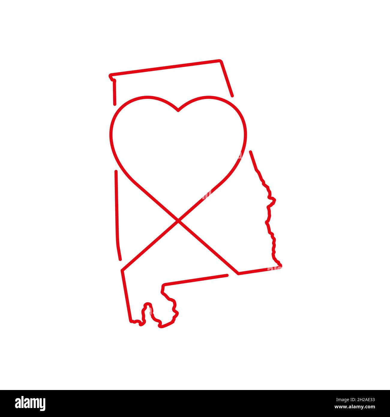 Carte avec contour rouge de l'État américain de l'Alabama et forme de cœur manuscrite.Dessin de ligne continue de signe de maison patriotique.Un amour pour une petite patrie.T-shir Illustration de Vecteur