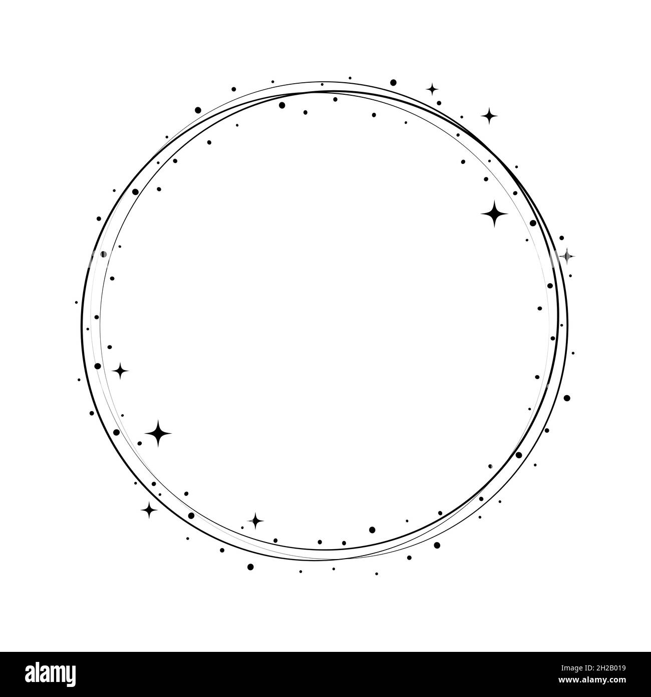 Cadre en forme de cercle en étoile étincelante.Couronne ronde bordure stardust pour fête, décoration d'anniversaire.Cadre Laurel avec éclat cosmique scintillant.Illustration noire isolée à vecteur plat. Illustration de Vecteur