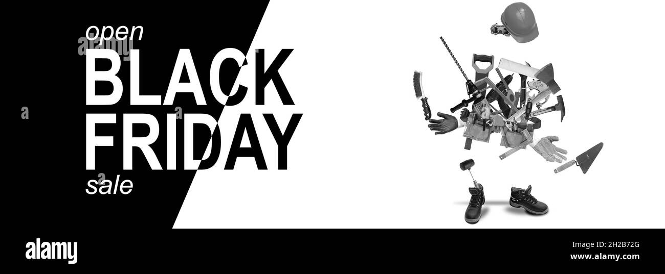 Vendredi noir dans l'atelier d'outillage. Nombreux péages sur fond noir et blanc texte noir vendredi Banque D'Images