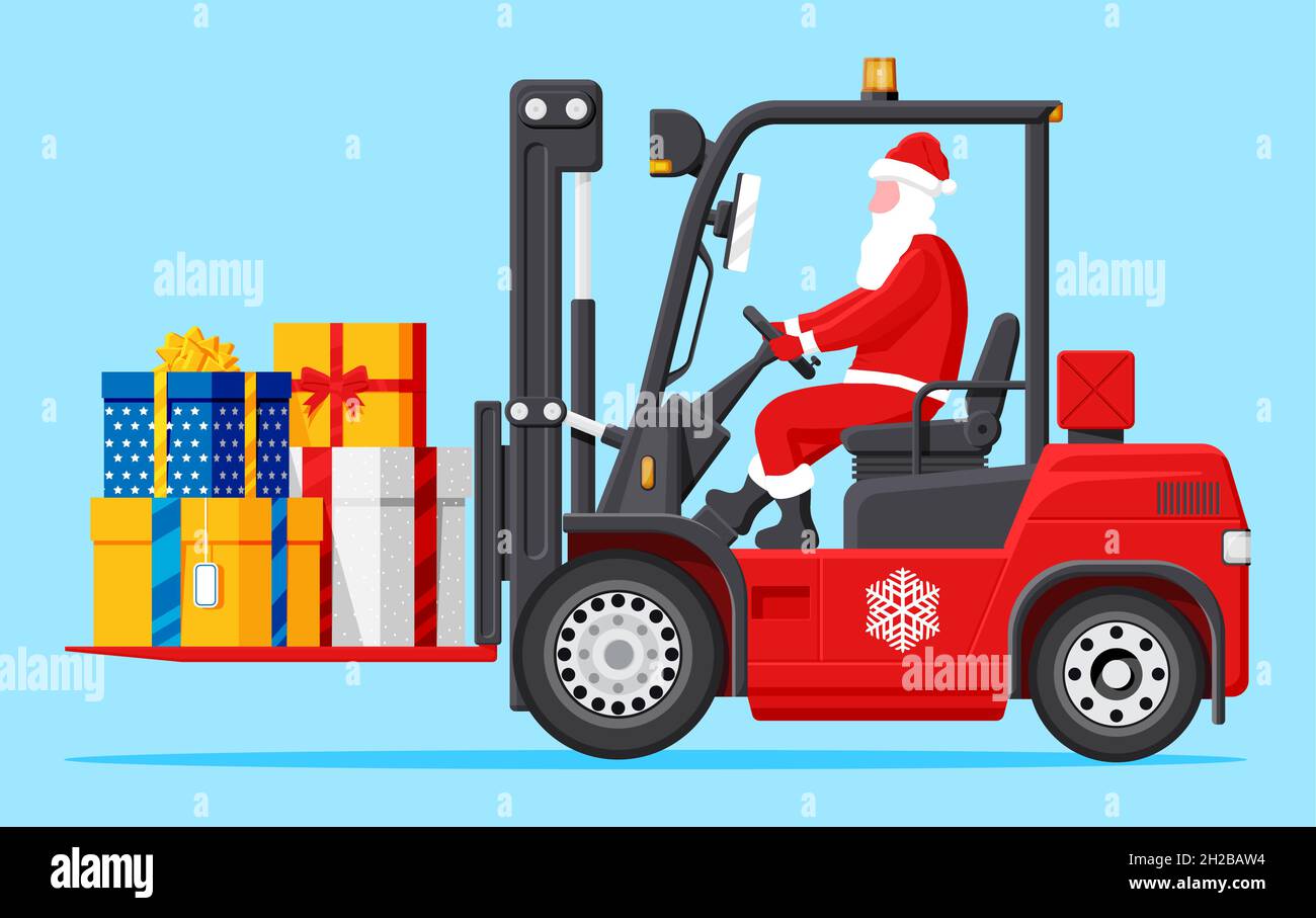 Le Père Noël dans un chariot élévateur rouge chargé de boîtes cadeaux Illustration de Vecteur