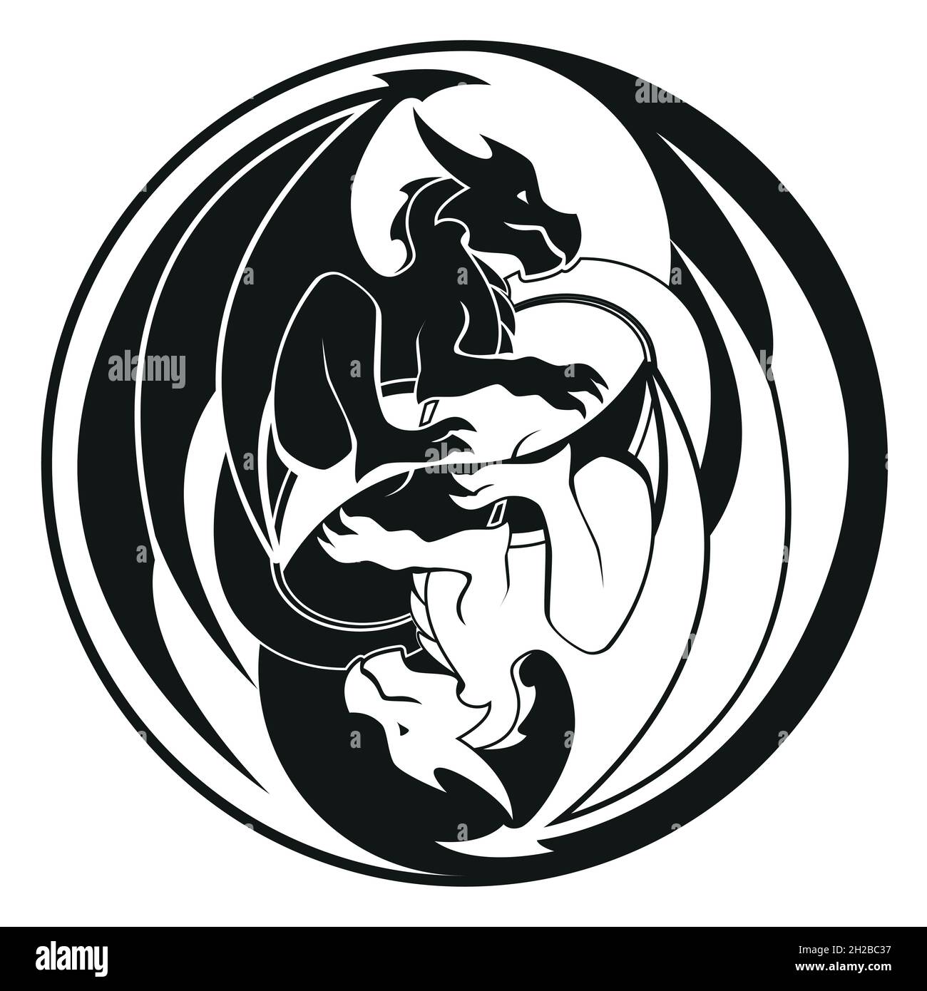 Dragons en cercle Yin et yang - symbole Dragon, vecteur d'illustration noir et blanc Illustration de Vecteur
