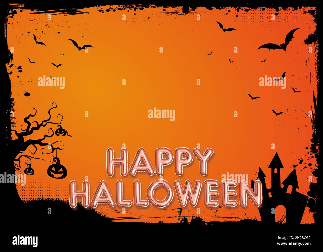 Le fond blanc horizontal Halloween avec bordure de grunge orange dégradé, chauve-souris, citrouille Banque D'Images