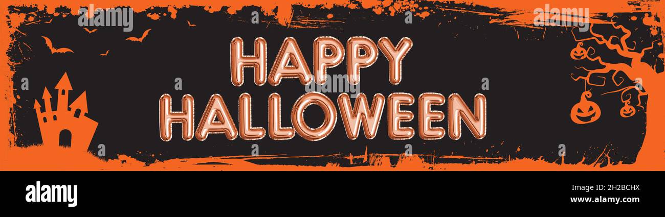 Le vecteur Halloween web bannière taille panneau taille orange grungy bordure modèle arrière-plan avec chauves-souris, citrouille et château maison Banque D'Images
