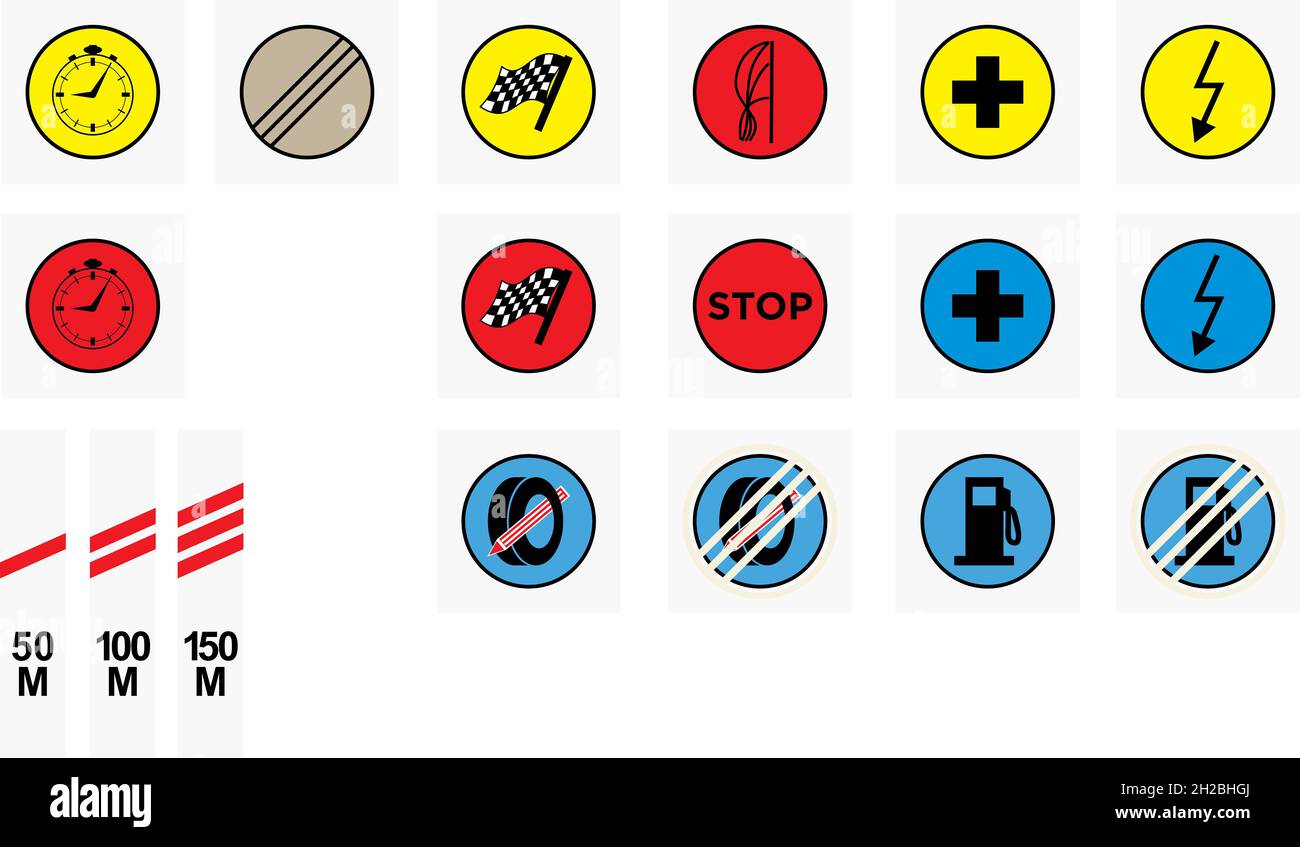 Ensemble complet de signalisation officielle pour les sports automobiles, la rallye, les sports automobiles, les scènes spéciales.Contrôle du temps, démarrage, finition volante, arrêt, point milieu,point sos. Banque D'Images