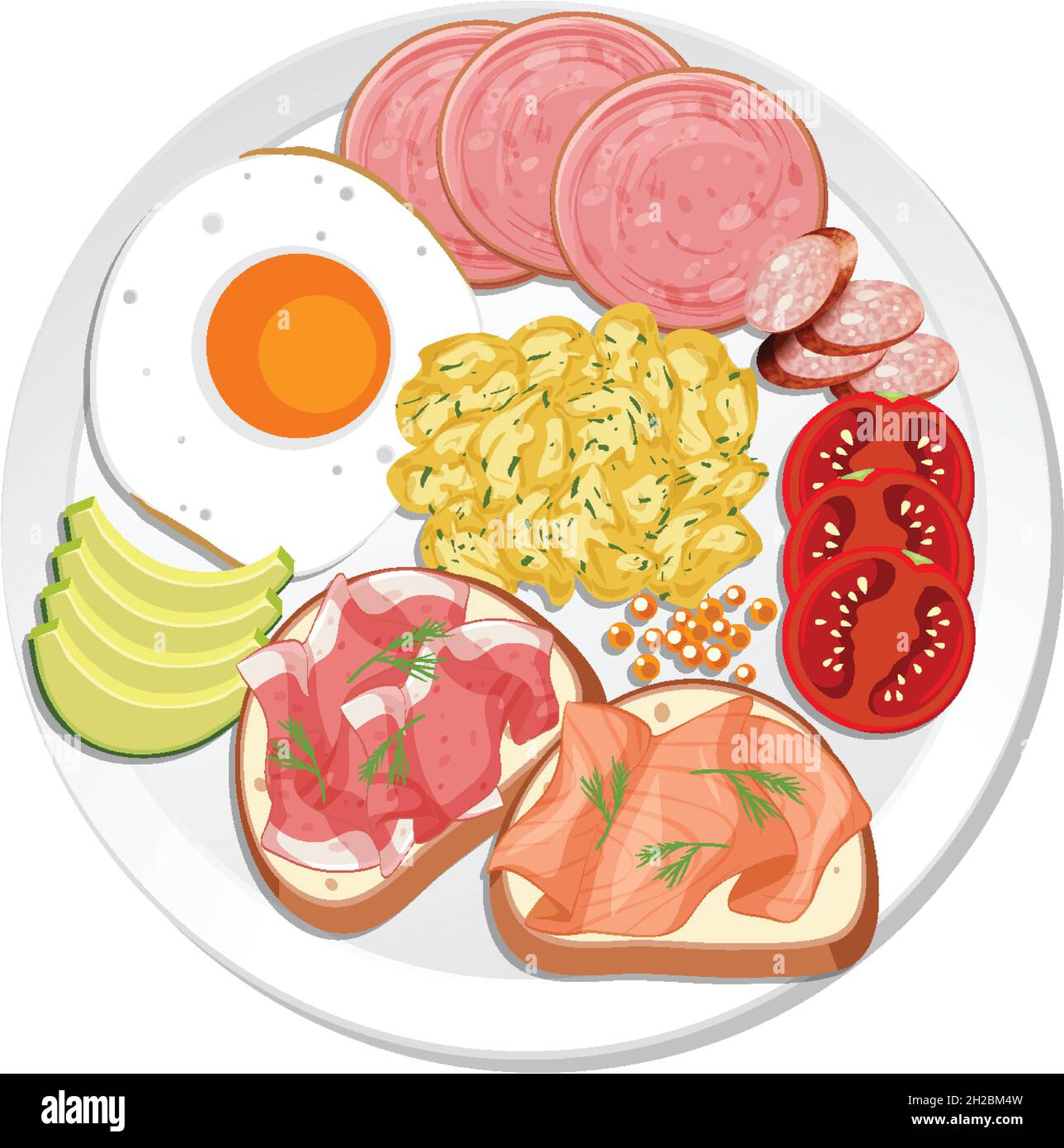 Illustration d'un plat de petit déjeuner avec œufs brouillés et viandes Illustration de Vecteur
