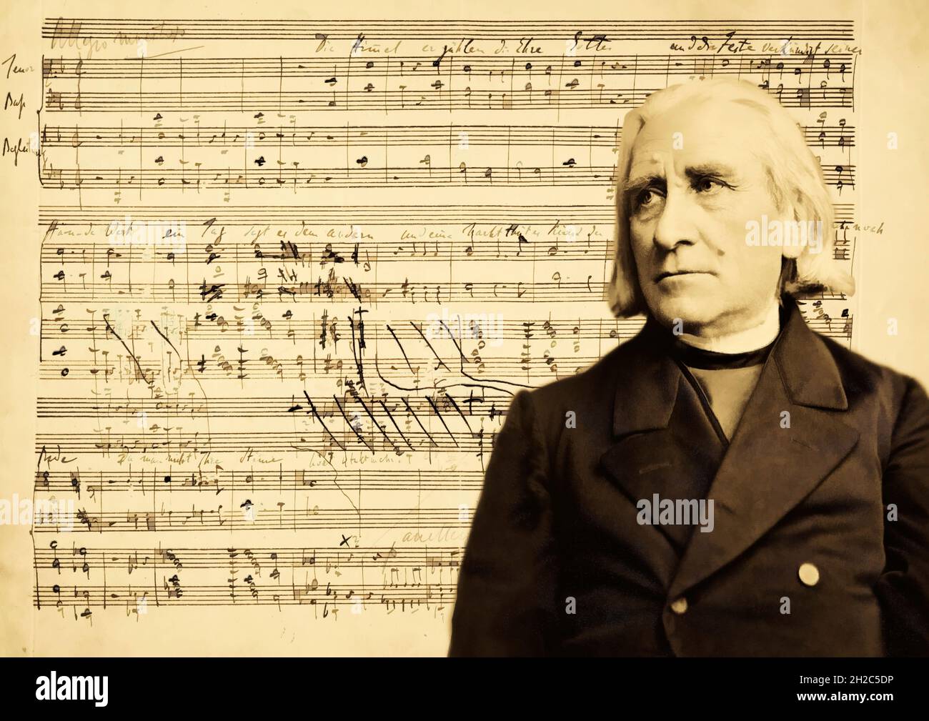 Portrait de Franz Liszt, 1811-1886, compositeur hongrois, pianiste virtuose, Psaume XVIII,Die Himmel erzählen die Ehre Gottes, manuscrit sur l'écriture de Liszt Banque D'Images