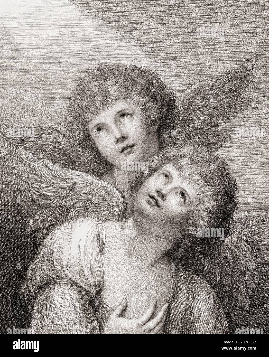 Deux chérubins.Deux anges.Après une gravure de la fin du XVIIIe siècle par Francesco Bartolozzi d'une oeuvre de Matthew William Peters. Banque D'Images