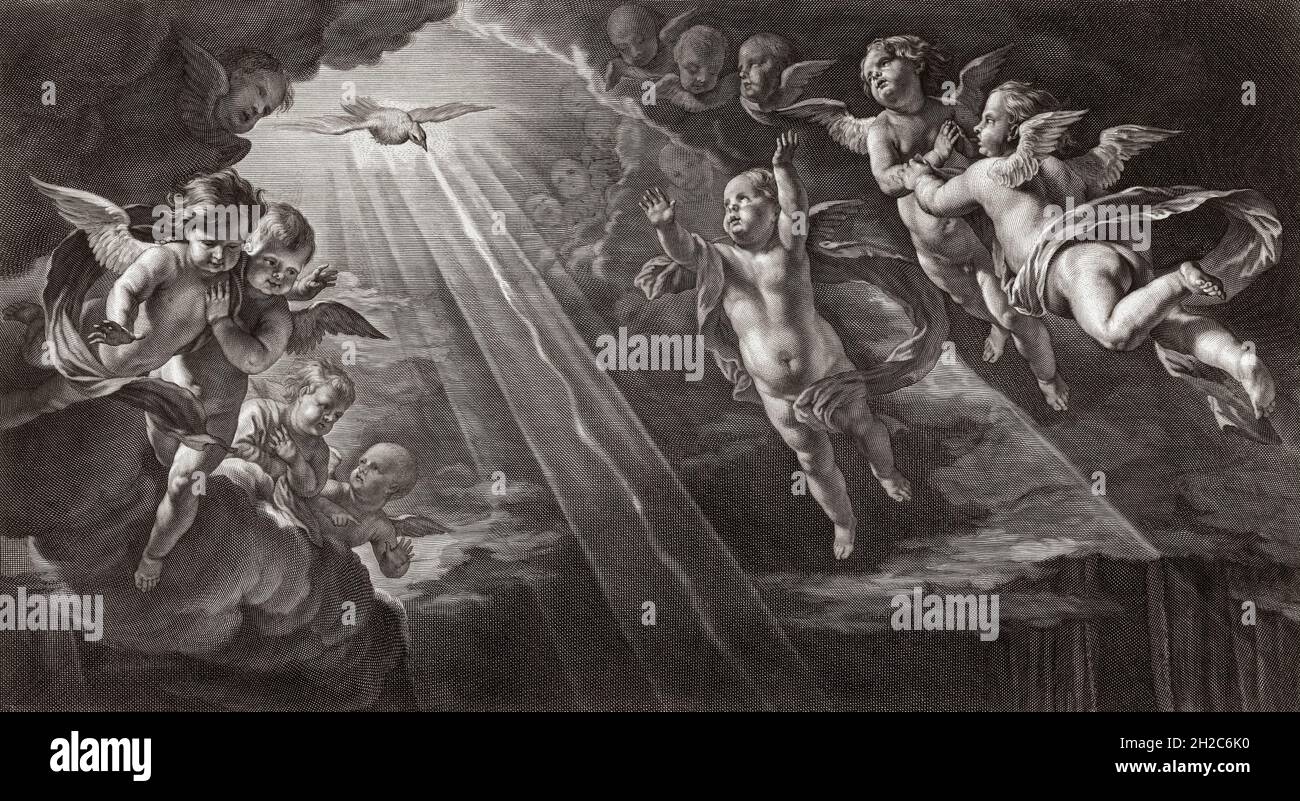 Choeur d'anges dans les cieux avec l'Esprit Saint symbolisé par une colombe descendante.D'une gravure du XVIIe siècle de Nicolas Pitau après une oeuvre de Philippe de Champaigne. Banque D'Images