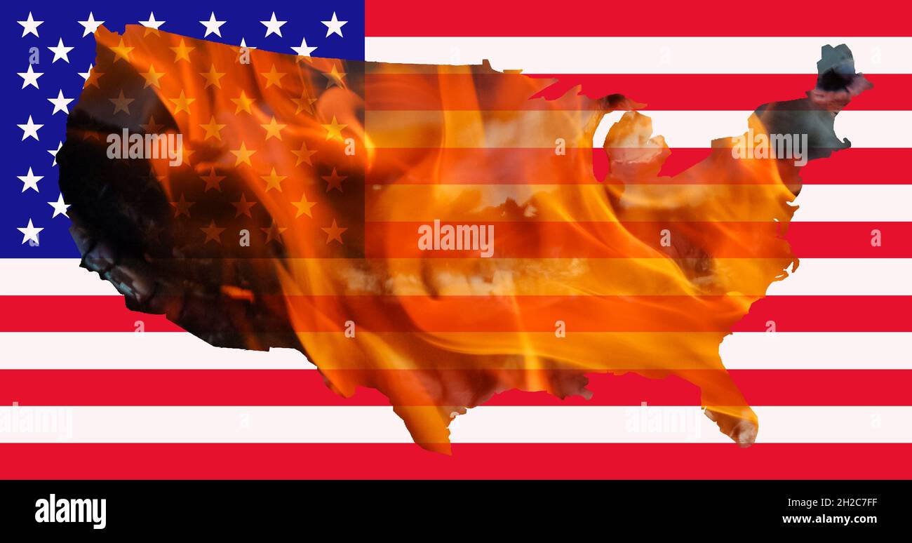 Émeutes aux États-Unis.Drapeau américain et ligne de contour de carte sur fond de feu. Banque D'Images