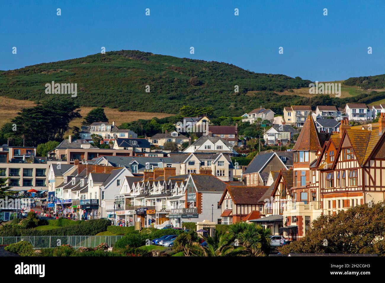 Woolacombe une ville sur la côte nord du Devon, Angleterre, près du South West Coast Path avec une plage populaire auprès des surfeurs. Banque D'Images