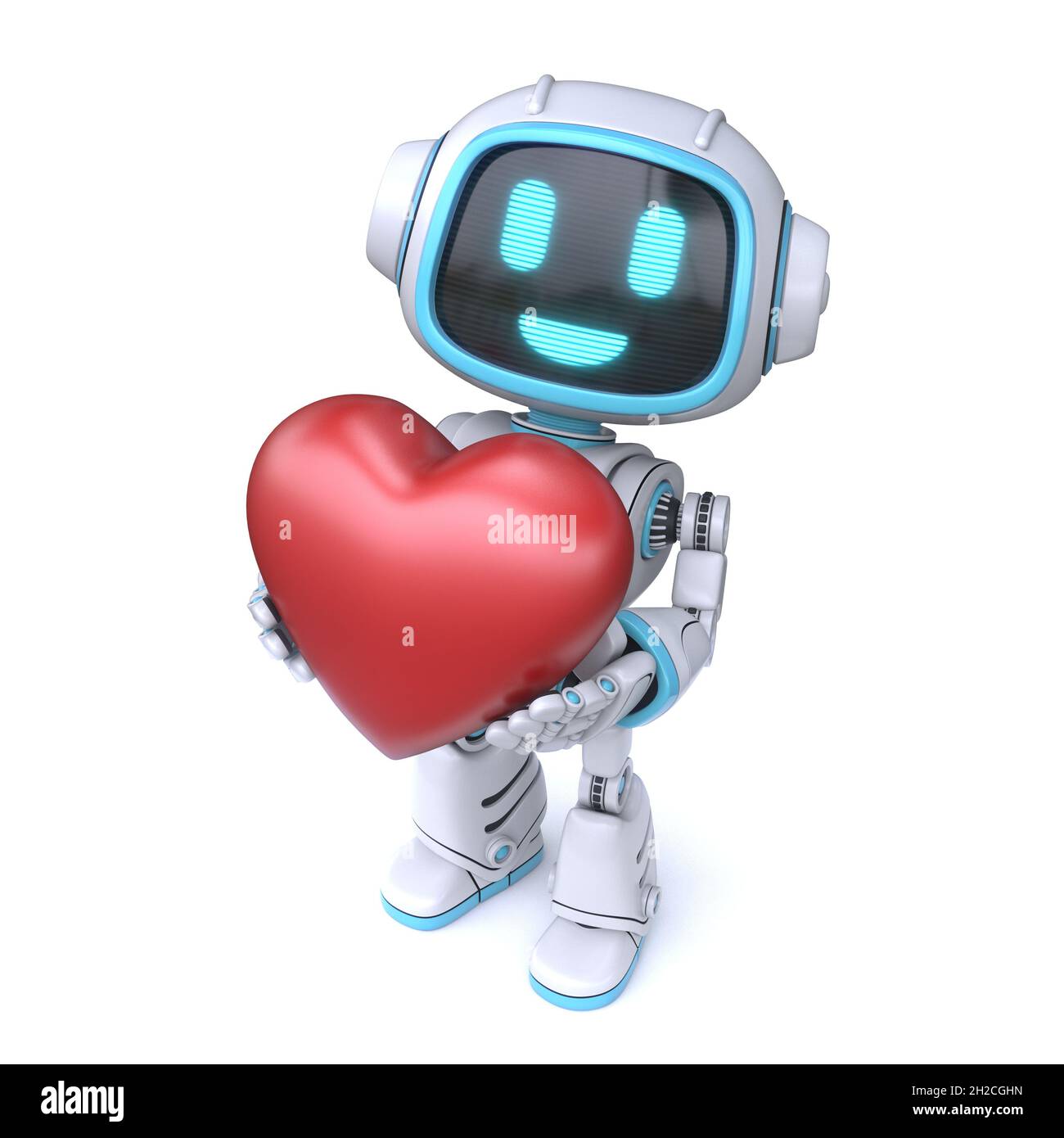 Robot bleu mignon donnant une illustration de rendu 3D de coeur isolée sur fond blanc Banque D'Images