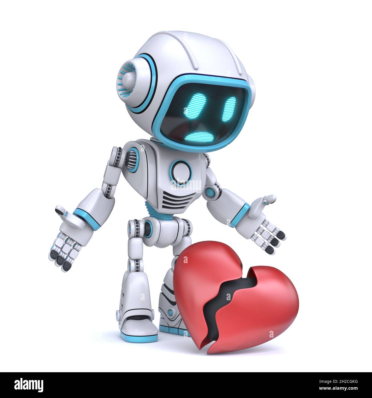 Robot bleu mignon observez l'illustration de rendu 3D à cœur cassé isolée sur fond blanc Banque D'Images