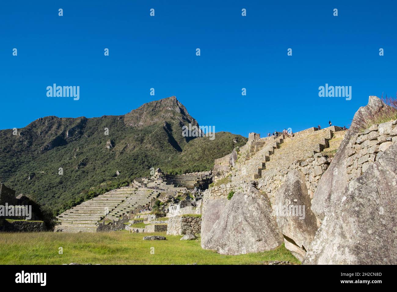 Perù, Machu Picchu, ruines de la ville empire inca et de la montagne Huayna Picchu dans la vallée sacrée Banque D'Images