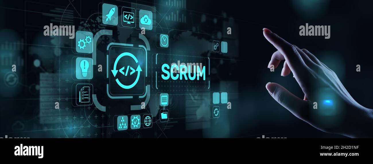 SCRUM, méthodologie de développement Agile, concept de technologie de programmation et de conception d'applications sur écran virtuel. Banque D'Images