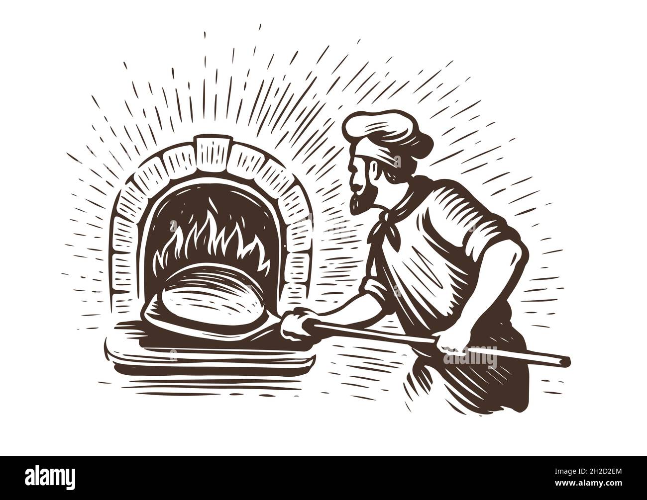 Baker fait du pain frais au four à pierre.Style d'esquisse dessiné à la main illustration vectorielle vintage Illustration de Vecteur